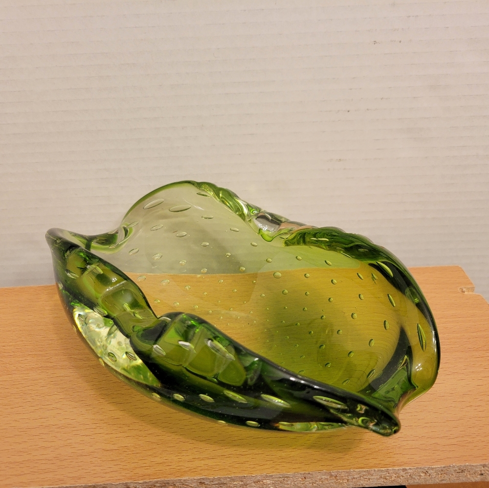 Vintage Murano Alfredo Barbini Bullicante Olive Green Ashtray Swirl Design - Picture 5 of 10